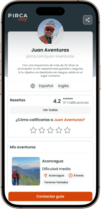 Perfil público de un guía en PIRCAWAY con bio, idiomas, reseñas y aventuras publicadas